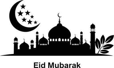 Eid Mubarak greeting with mosque silhouette, crescent moon and stars, islamic architectural domes, religious festival celebration, elegant black and white vector illustration. © Delowara