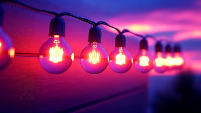 Colorful string lights glowing at sunset, creating a warm ambiance