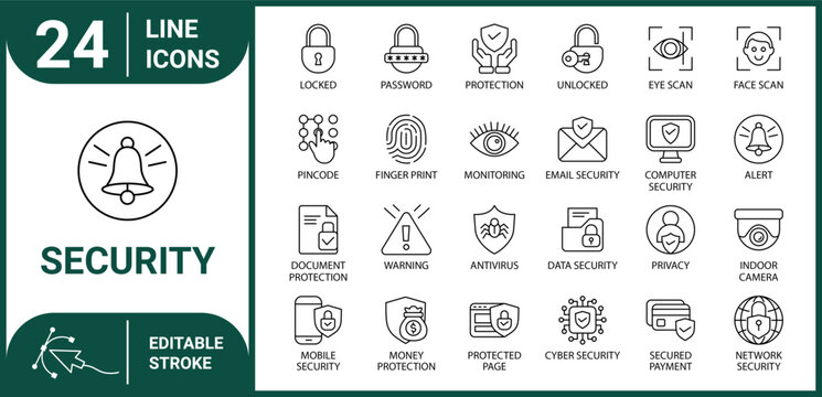 Modern security outline icon set vector illustration containing lock, password, fingerprint, antivirus, network, payment and privacy symbols with editable stroke