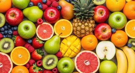 Vibrant assortment of fresh, healthy fruits creating a colorful and nutritious backdrop.