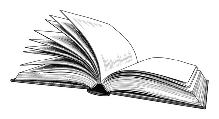 An open book with dramatically fanned pages is illustrated in a detailed vintage style black silhouette high quality professional detailed