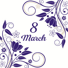 Obraz premium Elegant floral border design for 8 march celebration featuring purple flower bouquets and golden swirl elements on white background vector graphic
