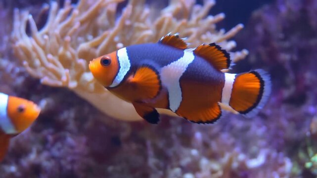 Close-up of vibrant orange clownfish with three white bands bordered by black lines, swimming near soft coral or sea anemones in aquarium, vivid marine biology subject.