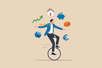 Businessman riding a unicycle while juggling various financial and life goal icons in the air. © Design gallery