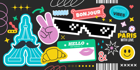 Paris pop art sticker collage set with Eiffel Tower croissant peace sign pixel sunglasses Bonjour From Paris With Love © oksanagrytsyuk