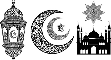 Ornate Islamic icon set with detailed mandala crescent moon, traditional lantern, mosque silhouette, and geometric star for Ramadan and Eid decoration, © Delowara