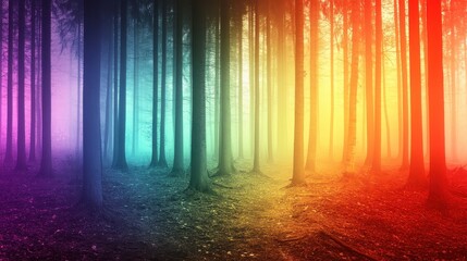 Fototapeta premium Vibrant, multicolored light beams illuminate a dense forest floor and towering tree trunks, creating a magical, atmospheric woodland scene.