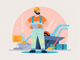 Obraz premium Construction worker woman on site holding blueprint vector illustration cartoon silhouette symbol of success and business