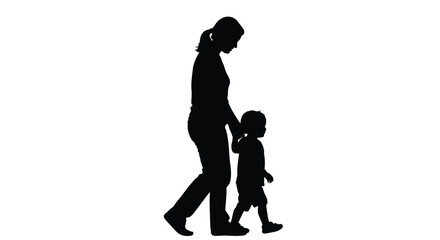 Stylized vector graphic illustration of a mother and child walking hand in hand, symbolizing family bond