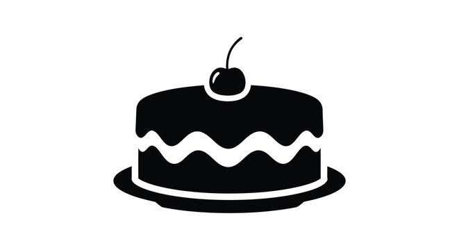 A simple black silhouette of a tiered cake topped with a single cherry presented on a plate silhouette