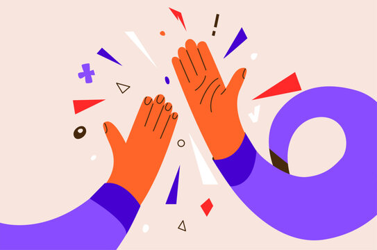 High five vector illustration background. Teamwork success, partnership and celebration concept. Abstract hands gesture with vibrant geometric shapes for achievement and cooperation