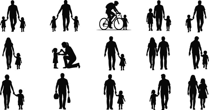 Black family silhouettes set, parents and children walking together, father and mother with kids vector illustration, isolated on white background