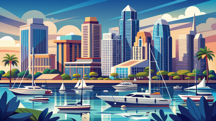 Very beautiful panoramic San Diego Harbor skyline, boats resting along the marina while sleek downtown towers rise gracefully against a clear coastal horizon.