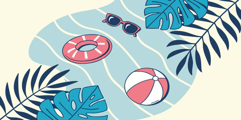 Colorful tropical beach elements including palm leaves and summer accessories. Perfect for seasonal banner, vacation promotion and travel themed graphic design. © yossi