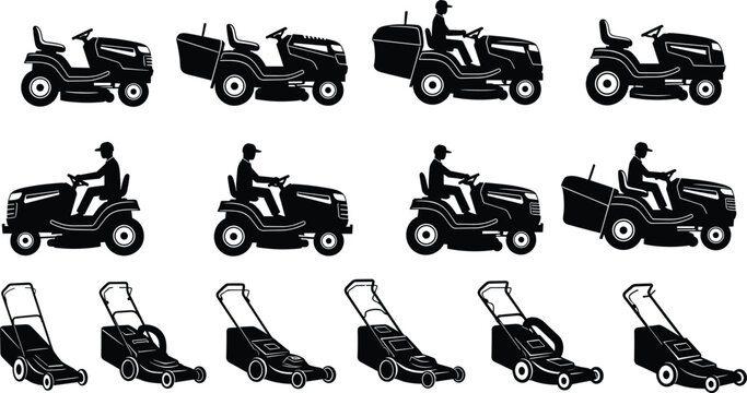 Black lawn mower silhouettes set, riding mower and push mower icons, gardener working on grass vector illustration isolated on white background