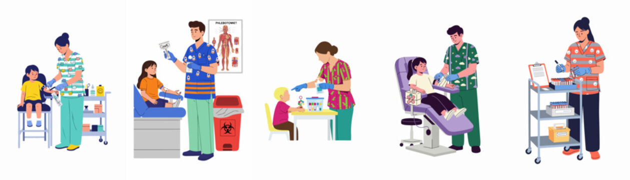 Healthcare professionals taking blood samples from children, illustrating medical testing, pediatric care, and phlebotomy procedures in a clinic or hospital setting.