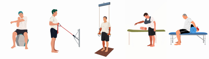 Obraz premium Diverse men engaged in various physical therapy exercises for rehabilitation and recovery, utilizing equipment like resistance bands, stability balls, and suspension trainers.