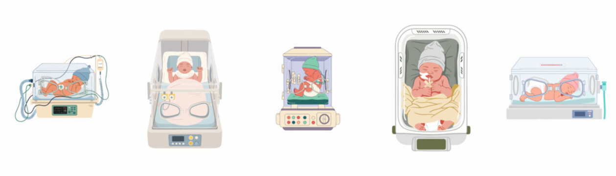 Vector illustrations of premature and newborn babies receiving intensive medical care in hospital incubators with support devices.