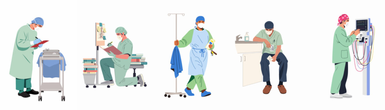 Healthcare professionals performing diverse medical tasks in a hospital setting, illustrating various roles and duties.