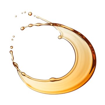 A splash of caramel-colored liquid forming a crescent shape against a white background.