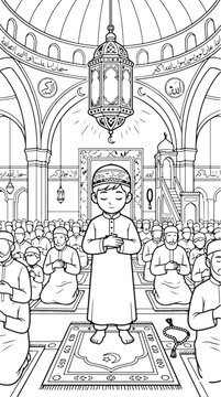 Muslim Boy Praying in Mosque Vector, Islamic Congregation Line Art, Ramadan Kareem Illustration EPS, Kid Performing Salah with Men in Masjid Interior