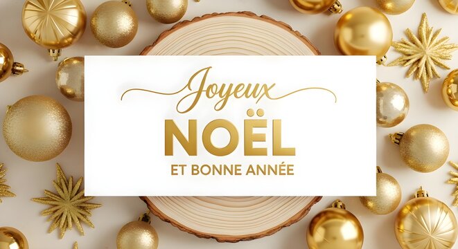 Joyeux Noel et Bonne Annee Golden Christmas Ornaments Background