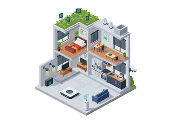 Isometric view of a modern house with multiple floors and furniture