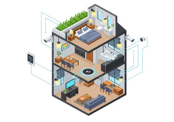 Obraz premium Isometric illustration of a modern three-story residential building with furnished interiors and smart home technology