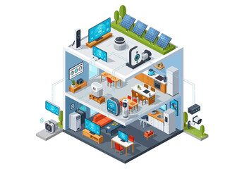 Obraz premium Isometric illustration of a modern office building interior with multiple floors and various workspaces