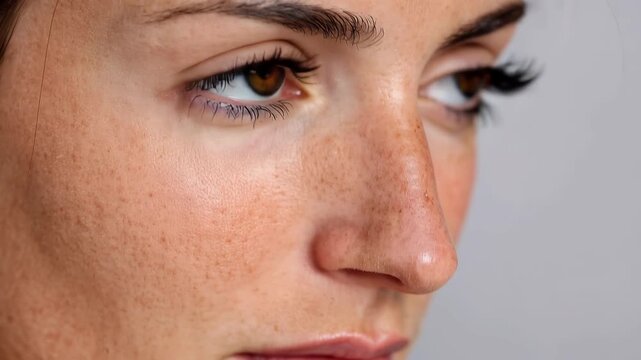 Close-up view of a woman touching her nose, showing blackheads prominently while in a neutral setting during daylight hours