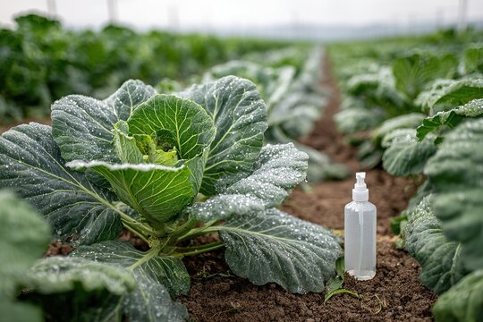 Green Cabbage After Rain with Cabbage Looper and Unbranded Spray Bottle in Field