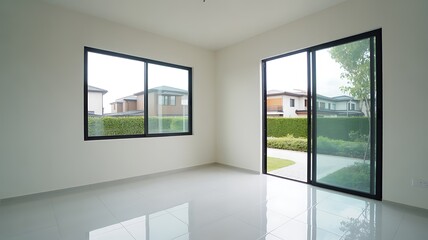 Obraz premium Modern empty room with large windows and bright natural lighting