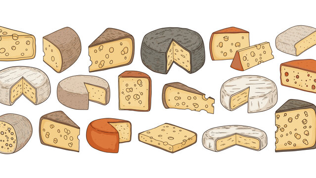 Assortment of different types of cheese slices and wheels including emmental, camembert, and cheddar in a hand drawn sketch style.
