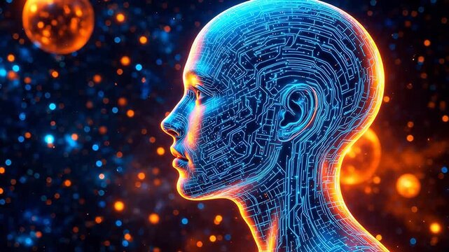 Human head with circuit patterns in space