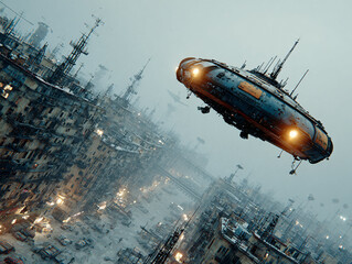 Naklejka premium A futuristic, weathered hovercar sits on a wet landing strip, with a massive, intricate spaceship and a smaller flying craft dominating the foggy, dystopian cityscape.