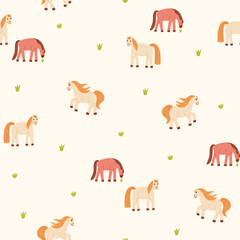 Obraz premium Cute horses are walking in the meadow seamless pattern. Vector flat background for textile, wrapping paper, fashion, etc.