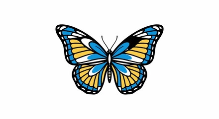Obraz premium Stylized blue and yellow butterfly with black outlines on white background