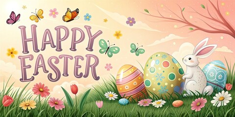 Happy Easter greeting card with cute bunnies colorful egg spring meadow joy.