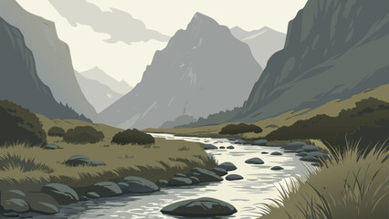 Flat Design Vector Illustration of a Winding Rocky River in a High Mountain Valley © SABIHA