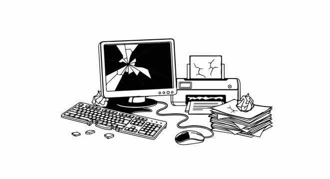 Broken computer monitor, damaged printer, and crumpled paper suggest technological failure