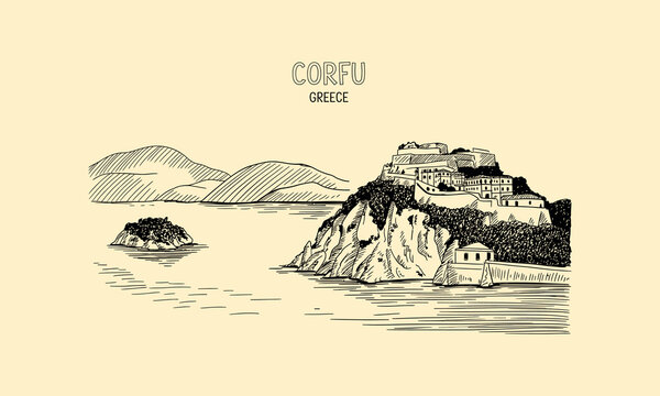 Corfu Greece Old Venetian Fortress and Sea View Sketch vector illustration