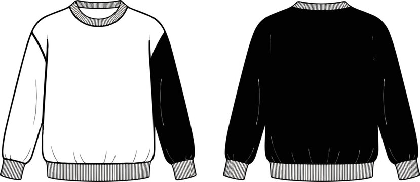 Front and back flat sketch of a two-tone long-sleeved crewneck sweater with ribbed cuffs