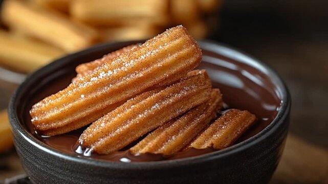 Delicious churros dipped in rich chocolate sauce