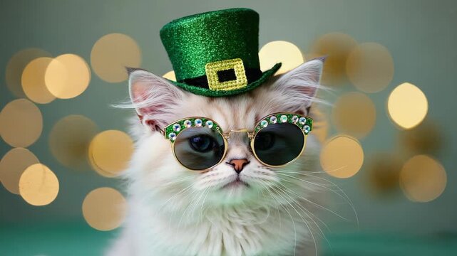 Funny fluffy cat wearing a green leprechaun top hat and jeweled sunglasses for st patricks day. Humorous pet portrait for a festive holiday celebration or party invitation