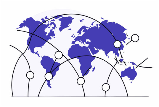 Global network around world map symbol with connections concept. Worldwide communication and internet service. Ai agent. Vector illustration
