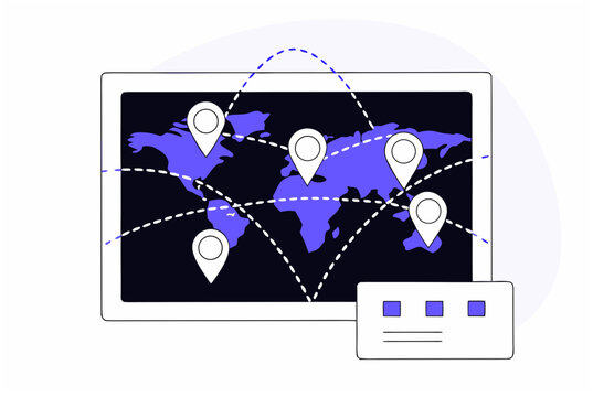 Global market with world map on screen and location pins connecting various points. Ai agent or night shift concept. Vector illustration.
