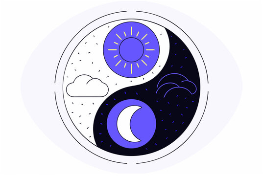 Day and night Yin and Yang symbol with sun and moon, cloud design. Split-screen concept. Vector icon for app, web design