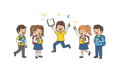 Diverse group of happy young students in school uniforms celebrating together with books and backpacks on a clean white background.