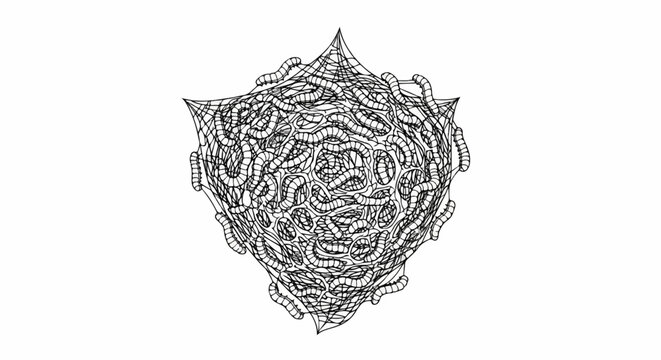 Abstract spherical mass formed by tangled segmented bodies with a web-like exterior