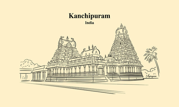 Kanchipuram India Temple Architecture Line Drawing Hindu